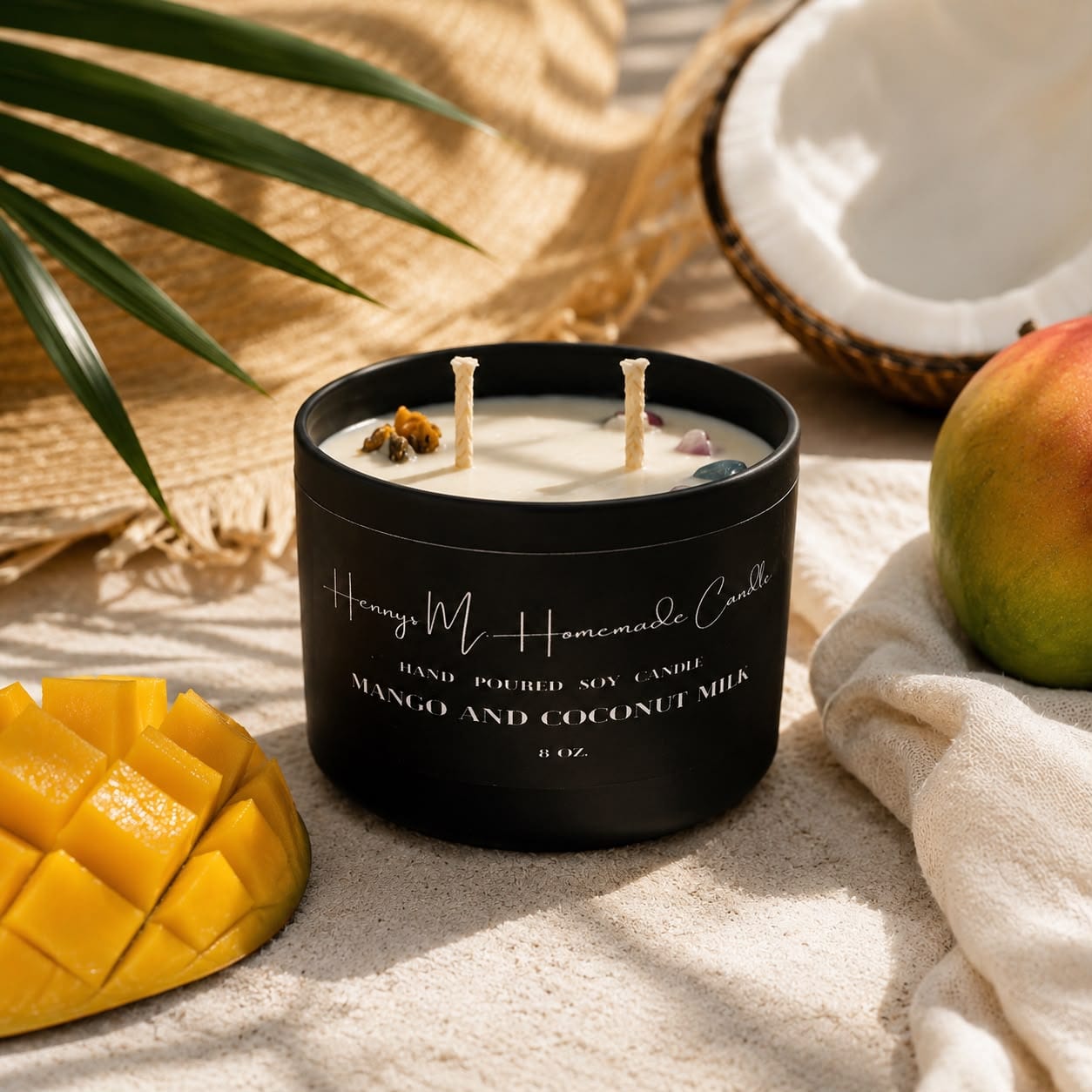 Mango and Coconut Milk candle in sunlight with fresh mango and coconut